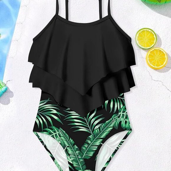 Girls Swimsuit Color Block One Piece Swimsuit 2-Tiered - Picture 5 of 7